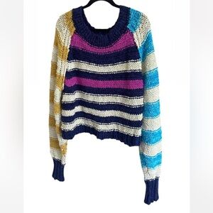 Free People Cruze chunky knit striped sweater in navy, gold, pink, and ivory